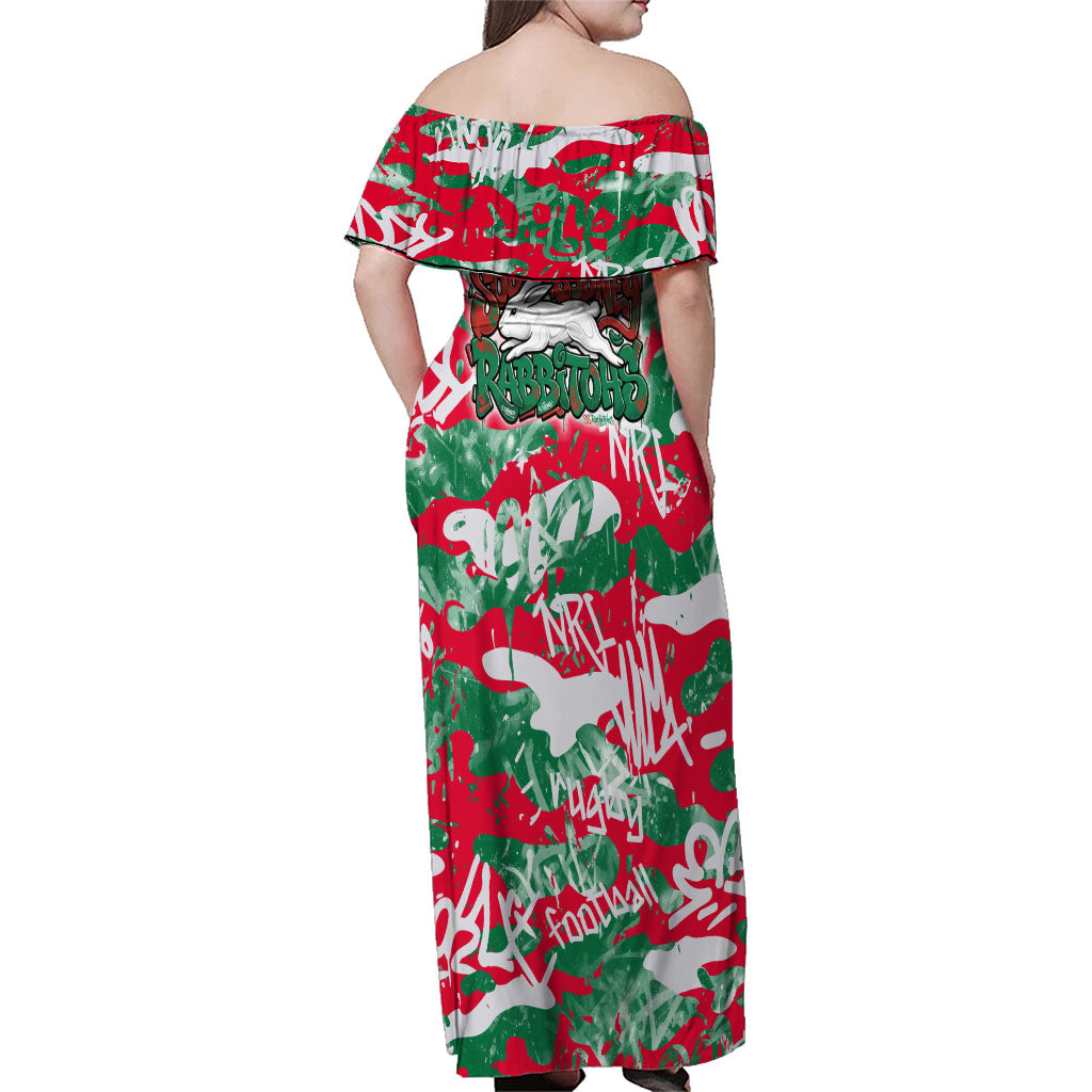 South Sydney Rabbitohs Rugby Family Matching Off Shoulder Maxi Dress and Hawaiian Shirt Graffiti Typography Urban Camo Abstract Street Style
