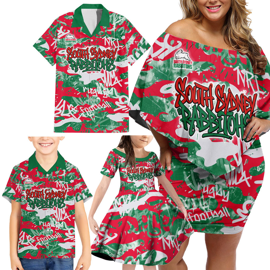 South Sydney Rabbitohs Rugby Family Matching Off Shoulder Short Dress and Hawaiian Shirt Graffiti Typography Urban Camo Abstract Street Style