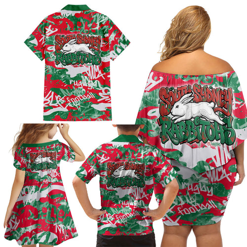 South Sydney Rabbitohs Rugby Family Matching Off Shoulder Short Dress and Hawaiian Shirt Graffiti Typography Urban Camo Abstract Street Style