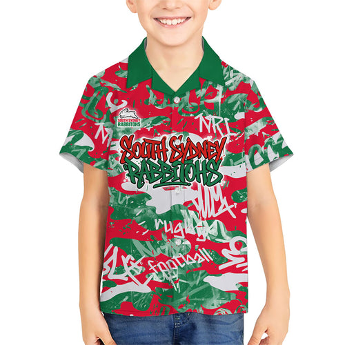 South Sydney Rabbitohs Rugby Family Matching Off Shoulder Short Dress and Hawaiian Shirt Graffiti Typography Urban Camo Abstract Street Style