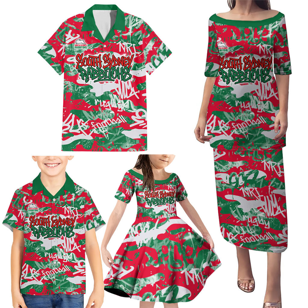 South Sydney Rabbitohs Rugby Family Matching Puletasi and Hawaiian Shirt Graffiti Typography Urban Camo Abstract Street Style