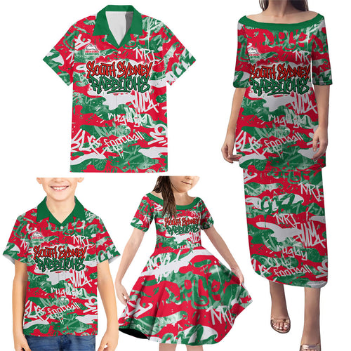 South Sydney Rabbitohs Rugby Family Matching Puletasi and Hawaiian Shirt Graffiti Typography Urban Camo Abstract Street Style