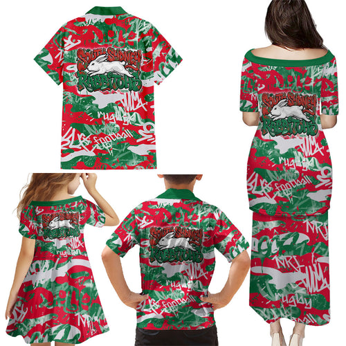 South Sydney Rabbitohs Rugby Family Matching Puletasi and Hawaiian Shirt Graffiti Typography Urban Camo Abstract Street Style