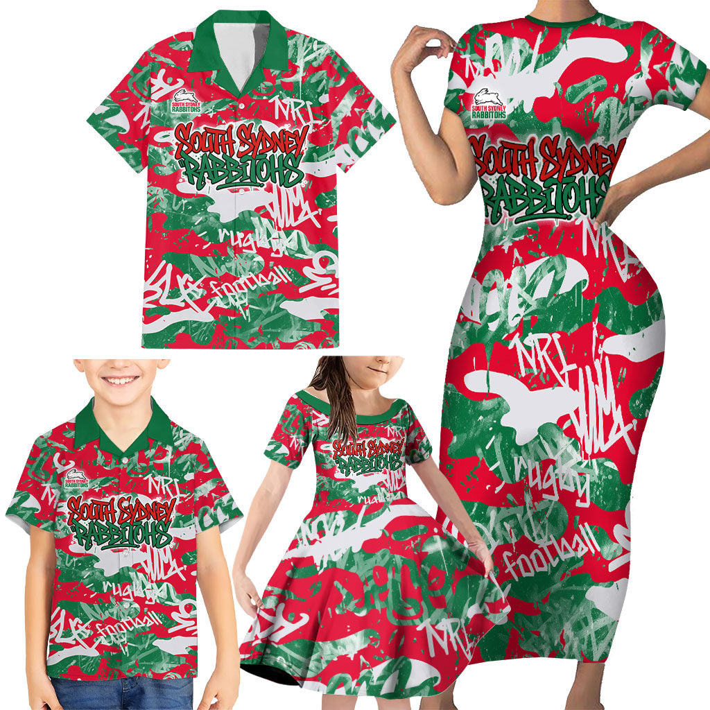 South Sydney Rabbitohs Rugby Family Matching Short Sleeve Bodycon Dress and Hawaiian Shirt Graffiti Typography Urban Camo Abstract Street Style