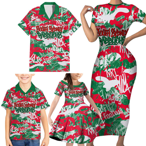 South Sydney Rabbitohs Rugby Family Matching Short Sleeve Bodycon Dress and Hawaiian Shirt Graffiti Typography Urban Camo Abstract Street Style