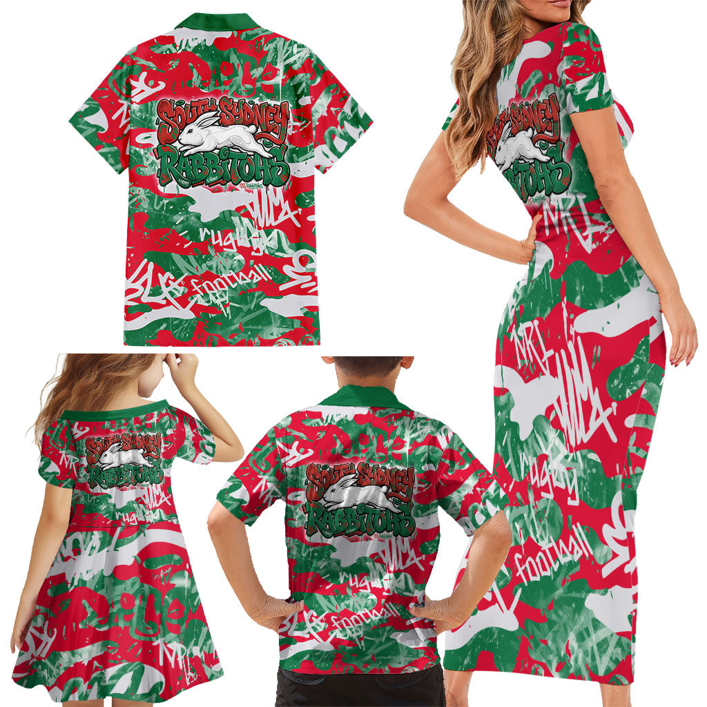 South Sydney Rabbitohs Rugby Family Matching Short Sleeve Bodycon Dress and Hawaiian Shirt Graffiti Typography Urban Camo Abstract Street Style