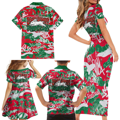 South Sydney Rabbitohs Rugby Family Matching Short Sleeve Bodycon Dress and Hawaiian Shirt Graffiti Typography Urban Camo Abstract Street Style