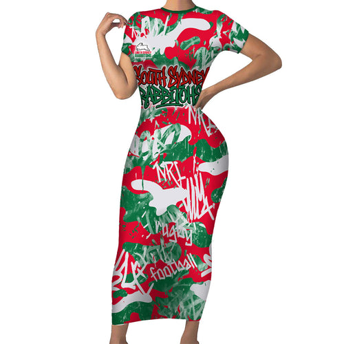 South Sydney Rabbitohs Rugby Family Matching Short Sleeve Bodycon Dress and Hawaiian Shirt Graffiti Typography Urban Camo Abstract Street Style