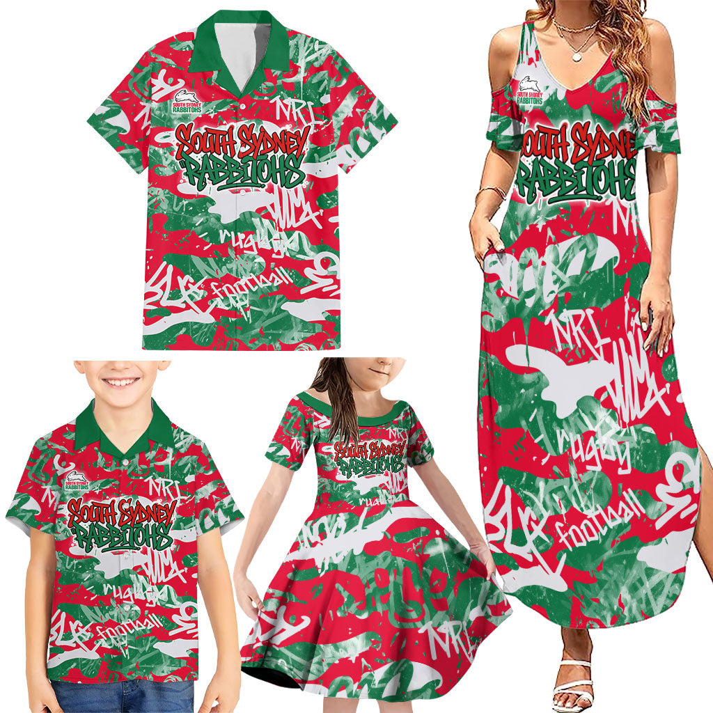 South Sydney Rabbitohs Rugby Family Matching Summer Maxi Dress and Hawaiian Shirt Graffiti Typography Urban Camo Abstract Street Style