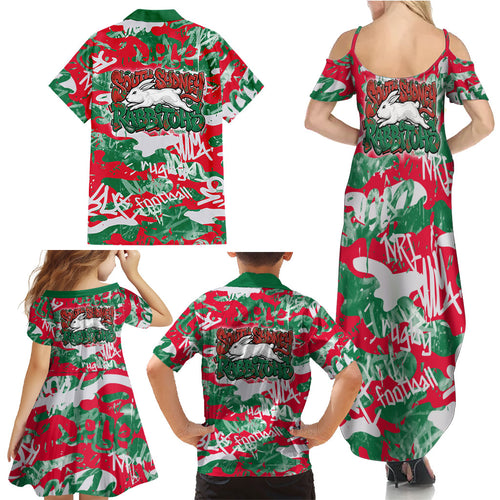 South Sydney Rabbitohs Rugby Family Matching Summer Maxi Dress and Hawaiian Shirt Graffiti Typography Urban Camo Abstract Street Style