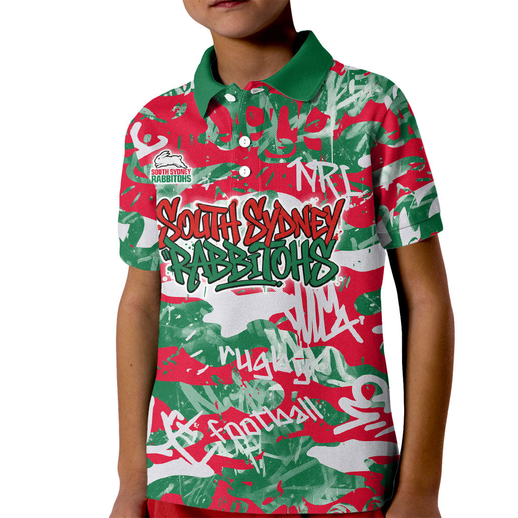 South Sydney Rabbitohs Rugby Kid Polo Shirt Graffiti Typography Urban Camo Abstract Street Style