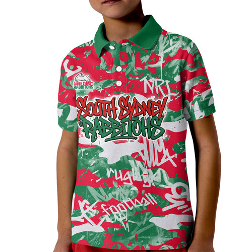 South Sydney Rabbitohs Rugby Kid Polo Shirt Graffiti Typography Urban Camo Abstract Street Style