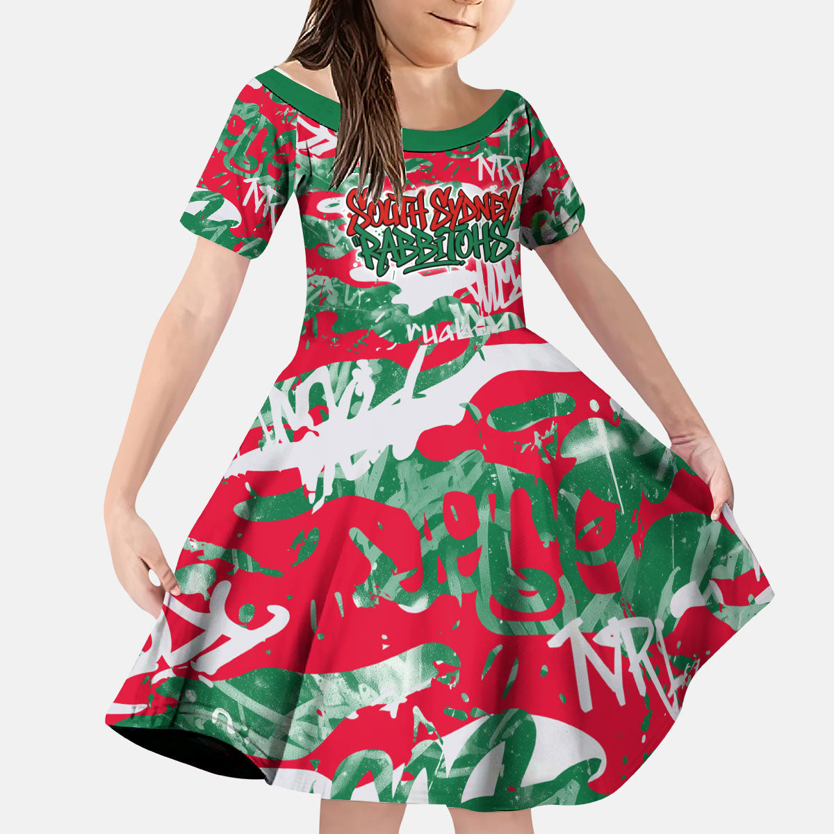 South Sydney Rabbitohs Rugby Kid Short Sleeve Dress Graffiti Typography Urban Camo Abstract Street Style