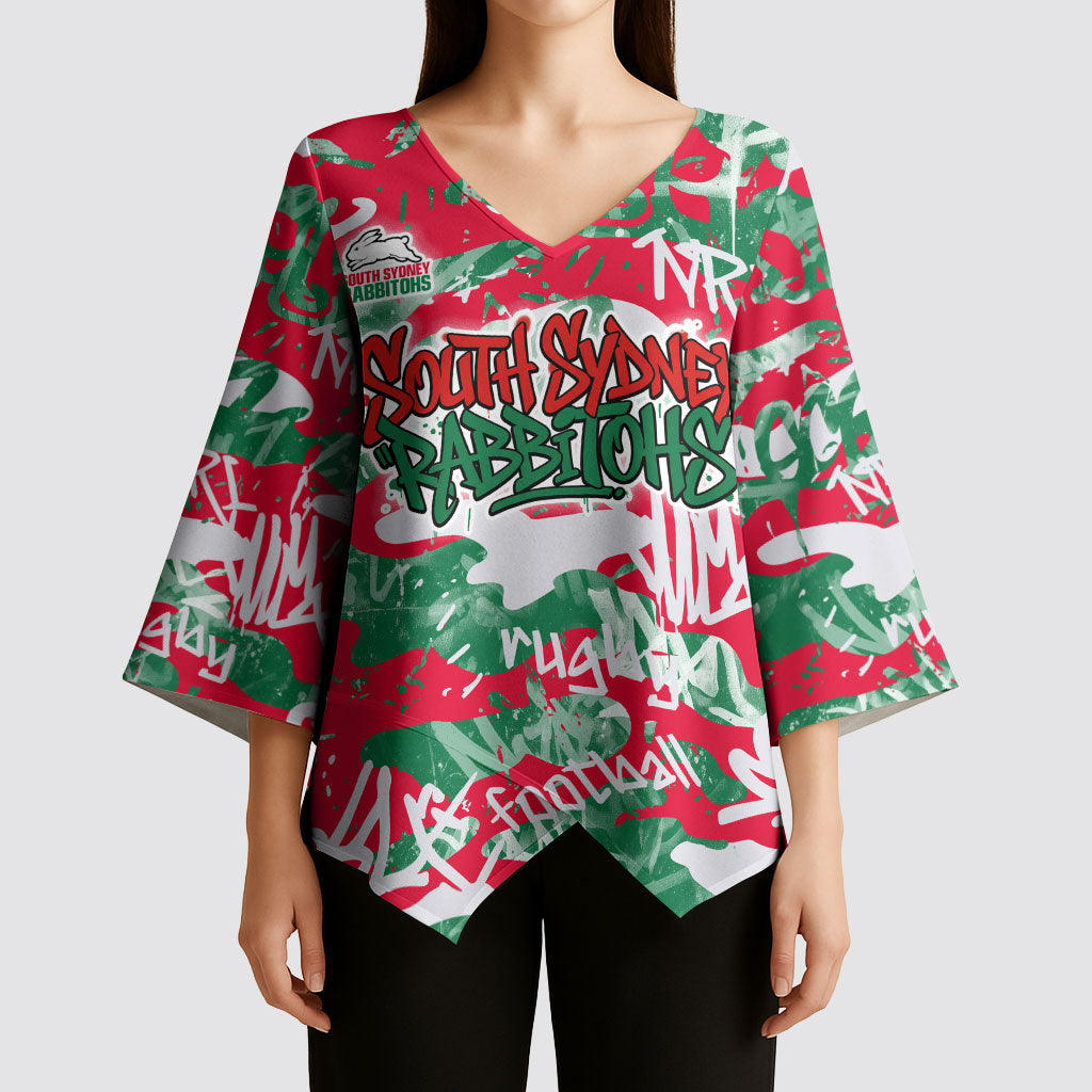 South Sydney Rabbitohs Rugby Kimono Sleeve Blouse Graffiti Typography Urban Camo Abstract Street Style