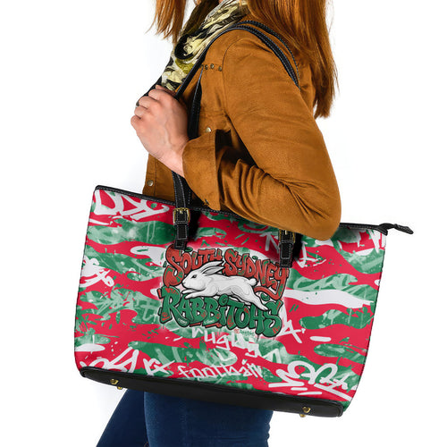 South Sydney Rabbitohs Rugby Leather Tote Bag Graffiti Typography Urban Camo Abstract Street Style