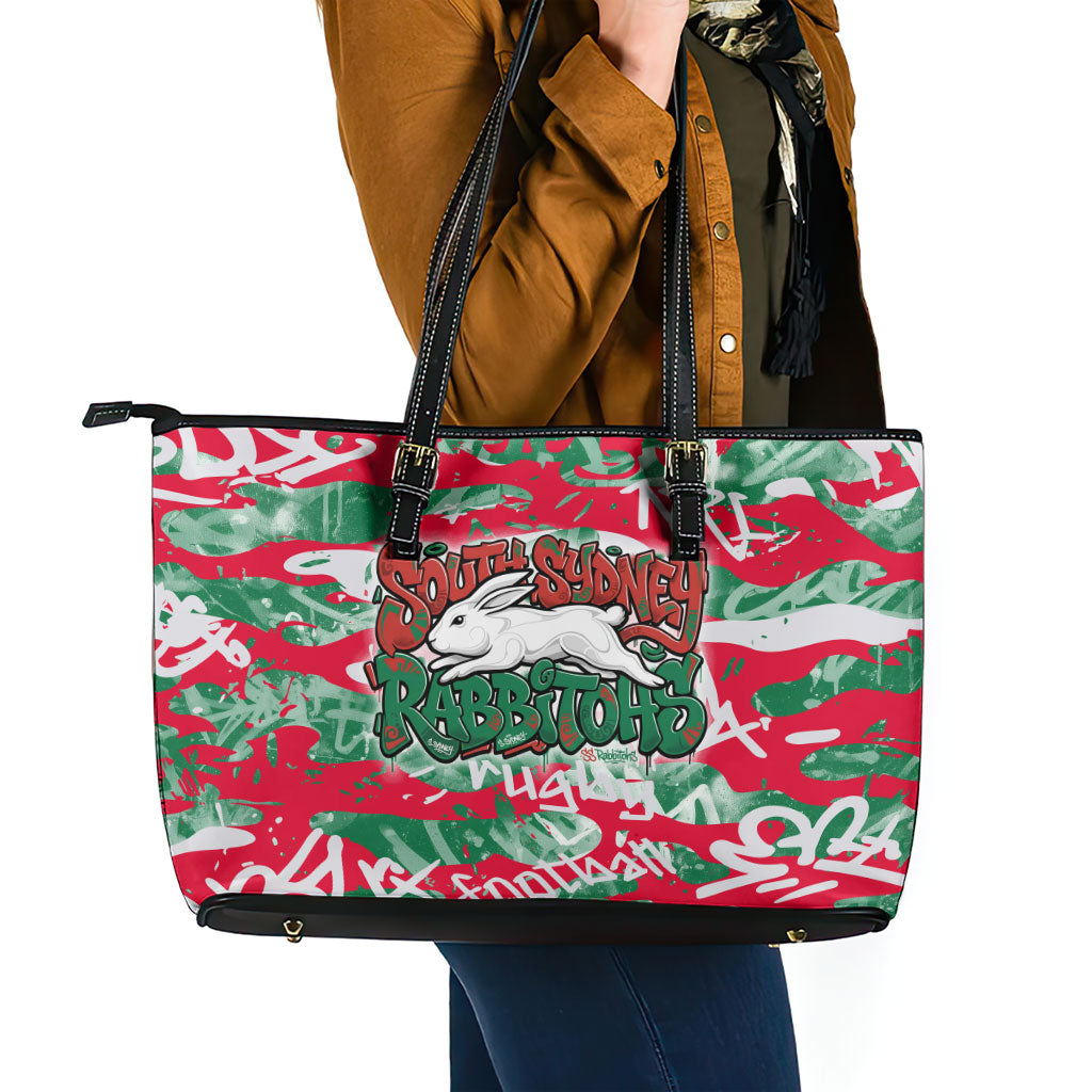 South Sydney Rabbitohs Rugby Leather Tote Bag Graffiti Typography Urban Camo Abstract Street Style