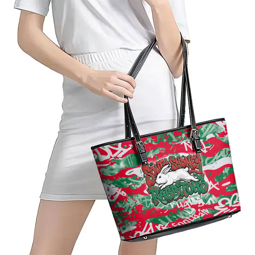 South Sydney Rabbitohs Rugby Leather Tote Bag Graffiti Typography Urban Camo Abstract Street Style