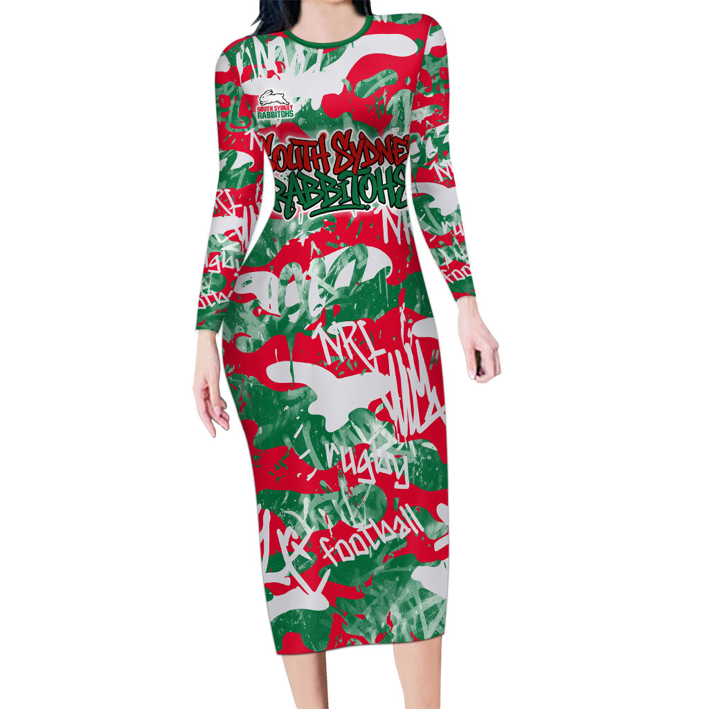 South Sydney Rabbitohs Rugby Long Sleeve Bodycon Dress Graffiti Typography Urban Camo Abstract Street Style