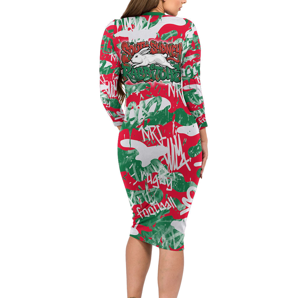 South Sydney Rabbitohs Rugby Long Sleeve Bodycon Dress Graffiti Typography Urban Camo Abstract Street Style