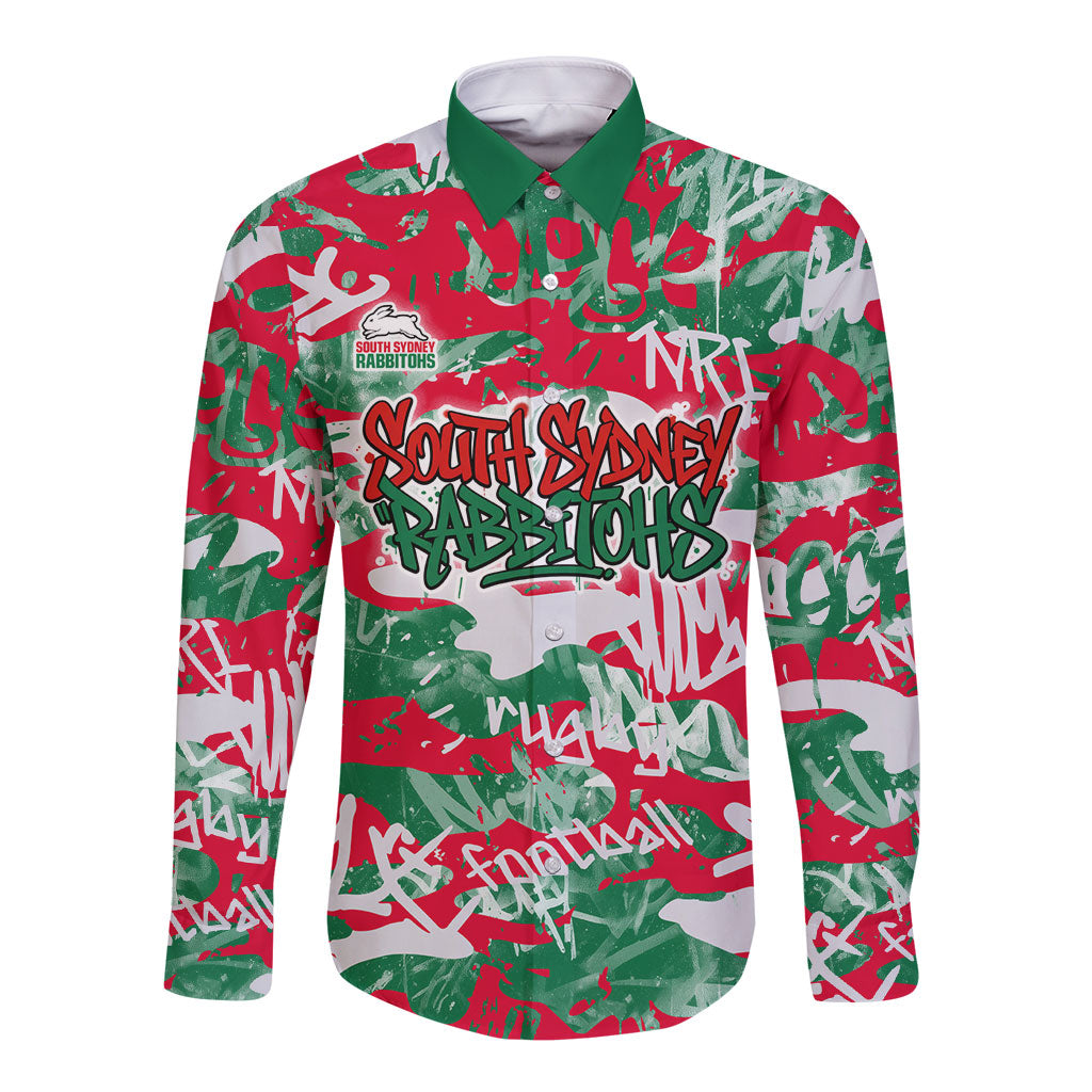 South Sydney Rabbitohs Rugby Long Sleeve Button Shirt Graffiti Typography Urban Camo Abstract Street Style