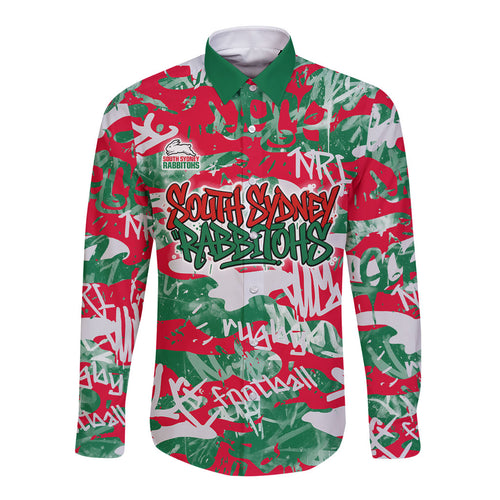 South Sydney Rabbitohs Rugby Long Sleeve Button Shirt Graffiti Typography Urban Camo Abstract Street Style