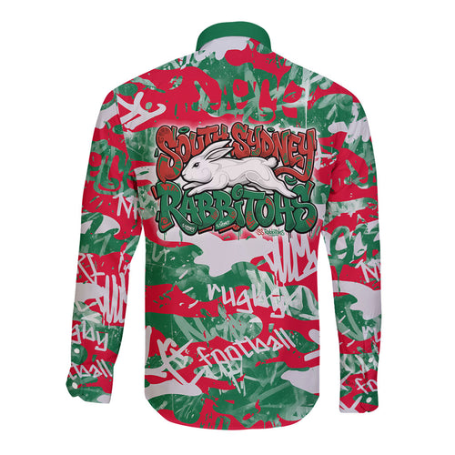 South Sydney Rabbitohs Rugby Long Sleeve Button Shirt Graffiti Typography Urban Camo Abstract Street Style