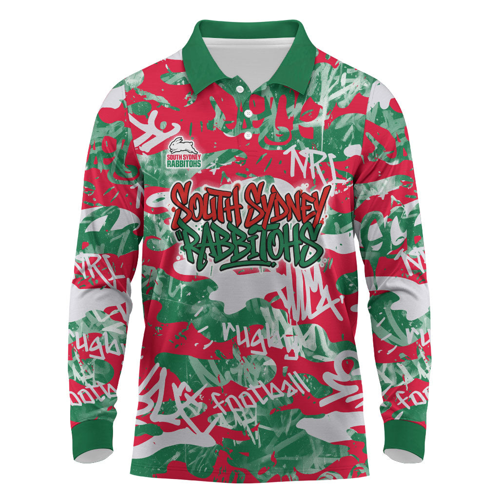 South Sydney Rabbitohs Rugby Long Sleeve Polo Shirt Graffiti Typography Urban Camo Abstract Street Style