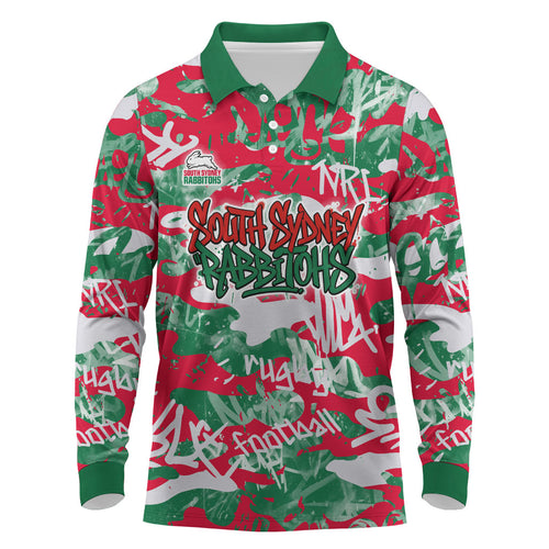 South Sydney Rabbitohs Rugby Long Sleeve Polo Shirt Graffiti Typography Urban Camo Abstract Street Style