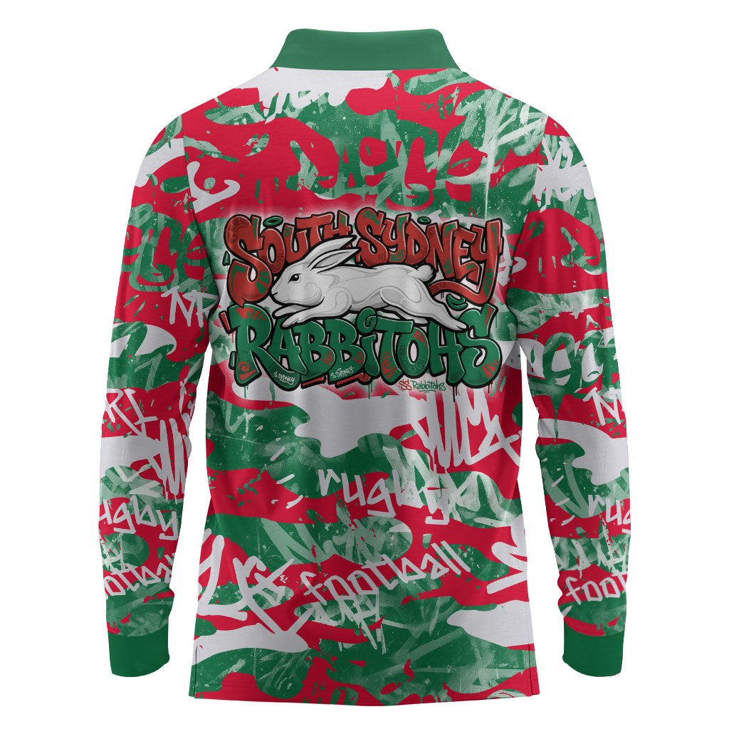 South Sydney Rabbitohs Rugby Long Sleeve Polo Shirt Graffiti Typography Urban Camo Abstract Street Style