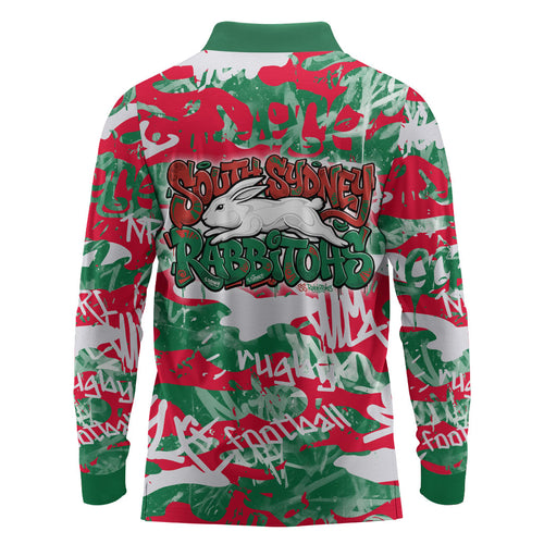 South Sydney Rabbitohs Rugby Long Sleeve Polo Shirt Graffiti Typography Urban Camo Abstract Street Style