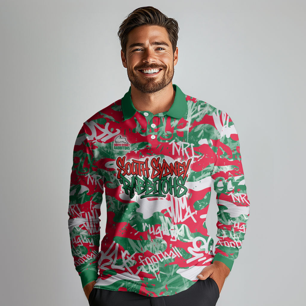 South Sydney Rabbitohs Rugby Long Sleeve Polo Shirt Graffiti Typography Urban Camo Abstract Street Style