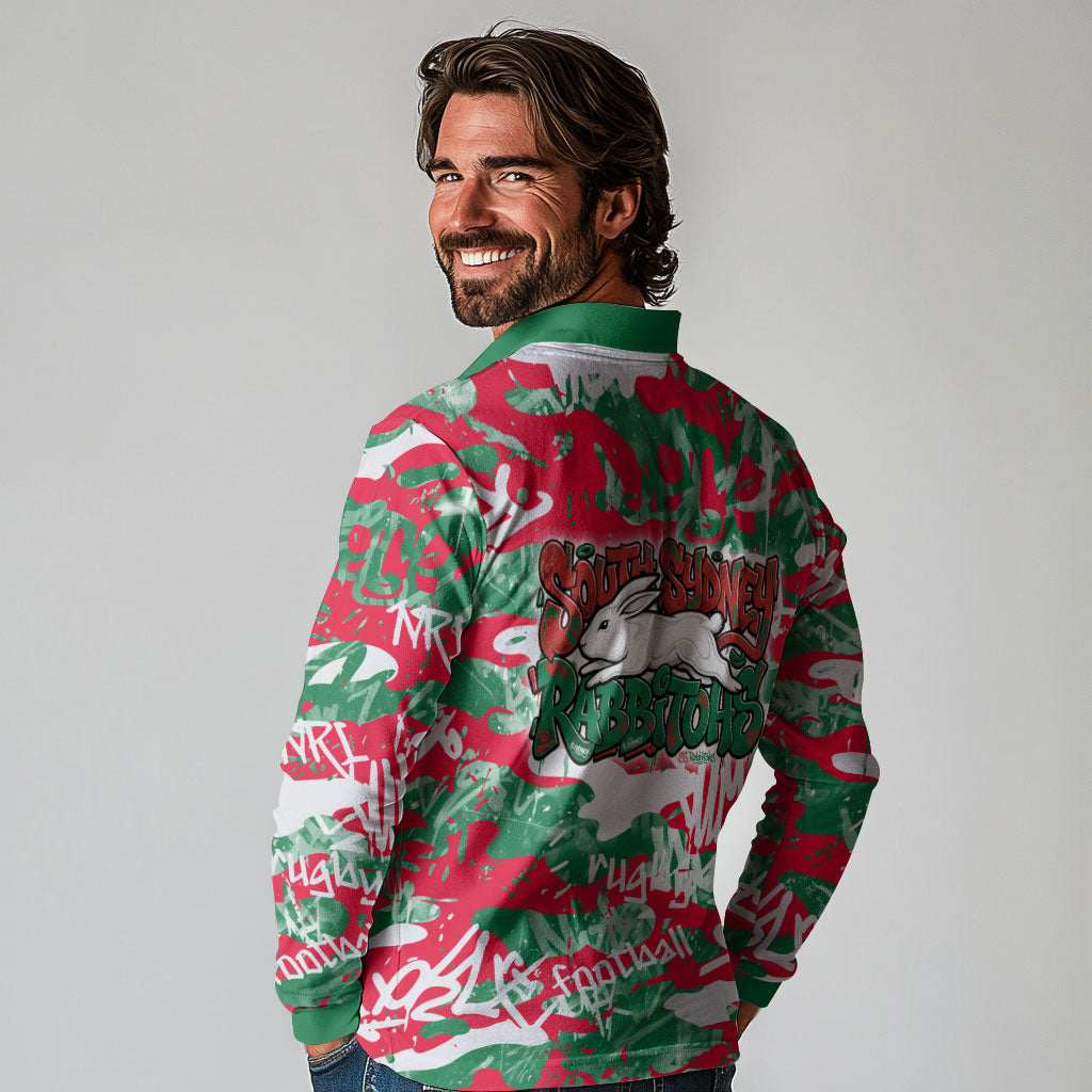 South Sydney Rabbitohs Rugby Long Sleeve Polo Shirt Graffiti Typography Urban Camo Abstract Street Style