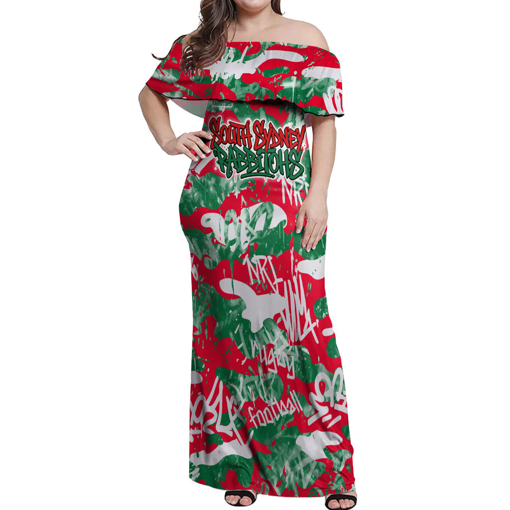 South Sydney Rabbitohs Rugby Off Shoulder Maxi Dress Graffiti Typography Urban Camo Abstract Street Style