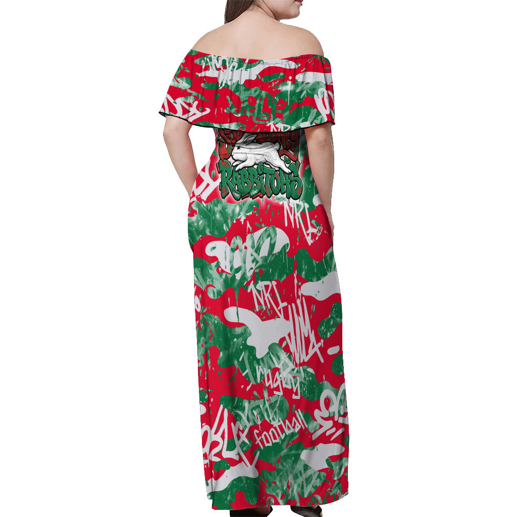 South Sydney Rabbitohs Rugby Off Shoulder Maxi Dress Graffiti Typography Urban Camo Abstract Street Style