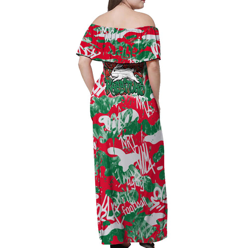 South Sydney Rabbitohs Rugby Off Shoulder Maxi Dress Graffiti Typography Urban Camo Abstract Street Style