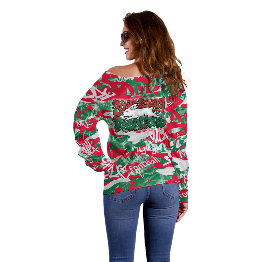 South Sydney Rabbitohs Rugby Off Shoulder Sweater Graffiti Typography Urban Camo Abstract Street Style
