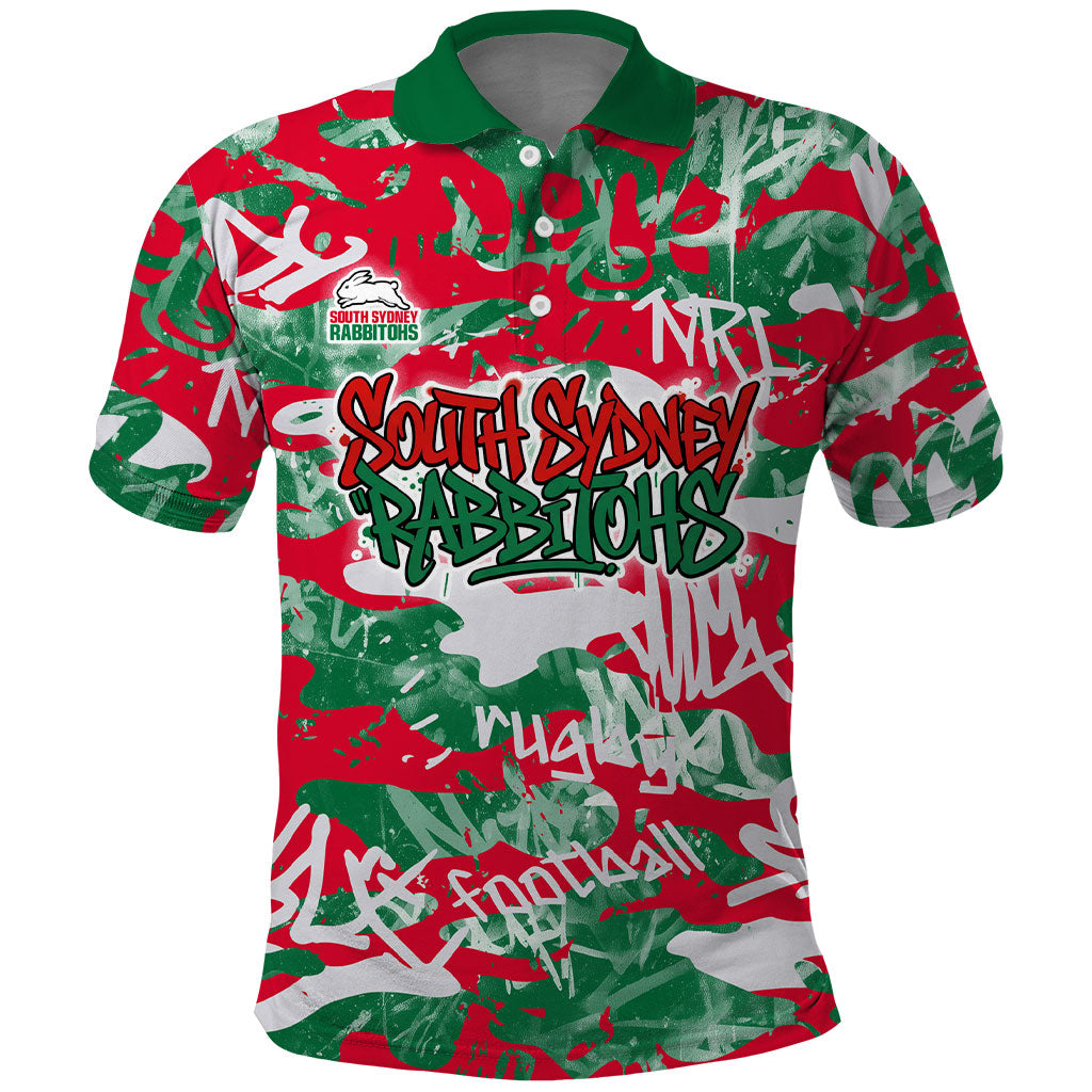 South Sydney Rabbitohs Rugby Polo Shirt Graffiti Typography Urban Camo Abstract Street Style