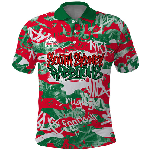 South Sydney Rabbitohs Rugby Polo Shirt Graffiti Typography Urban Camo Abstract Street Style