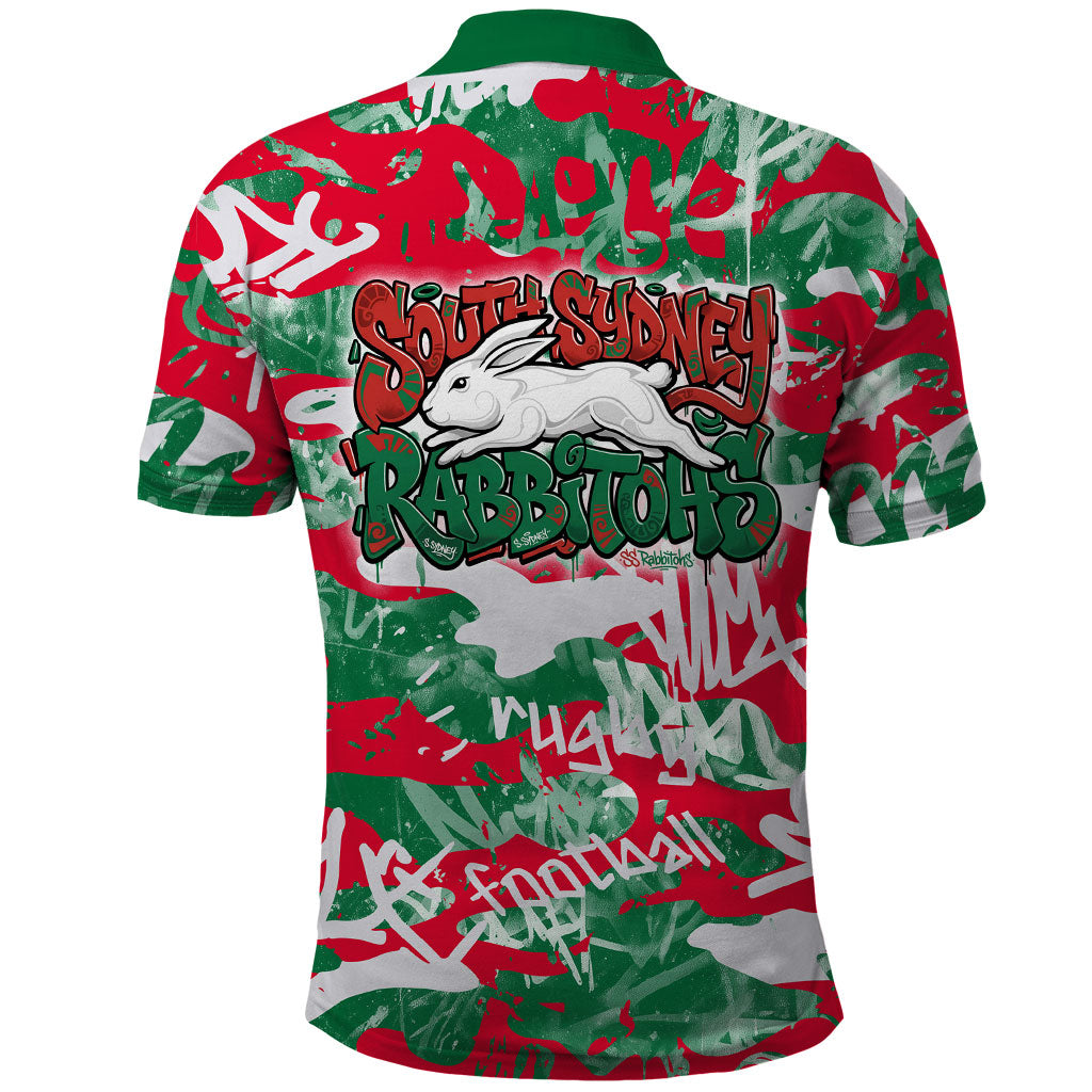 South Sydney Rabbitohs Rugby Polo Shirt Graffiti Typography Urban Camo Abstract Street Style
