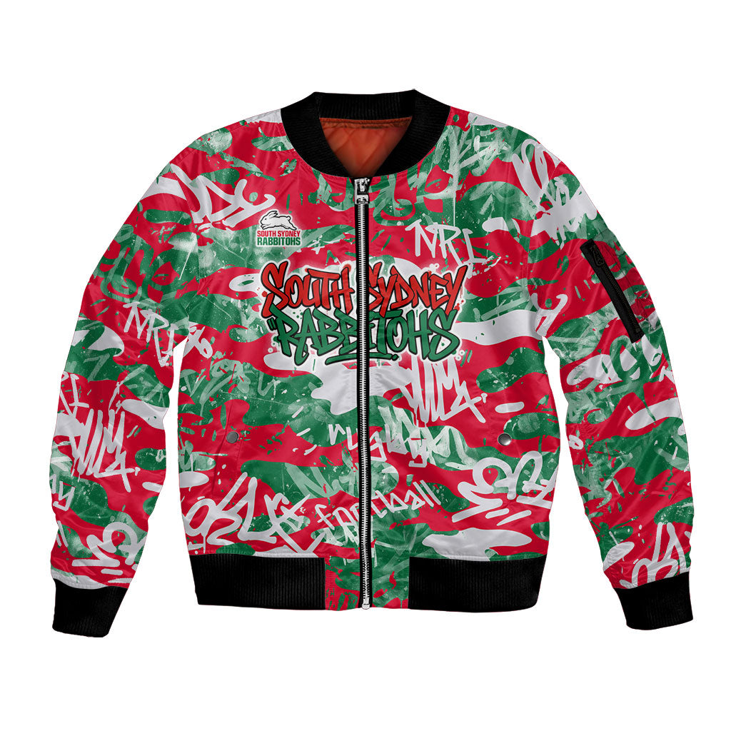 South Sydney Rabbitohs Rugby Sleeve Zip Bomber Jacket Graffiti Typography Urban Camo Abstract Street Style