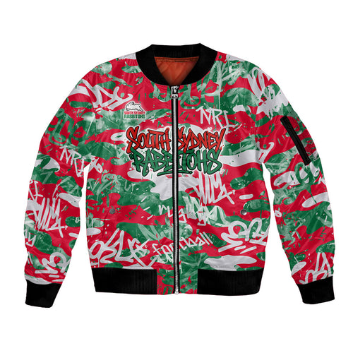 South Sydney Rabbitohs Rugby Sleeve Zip Bomber Jacket Graffiti Typography Urban Camo Abstract Street Style