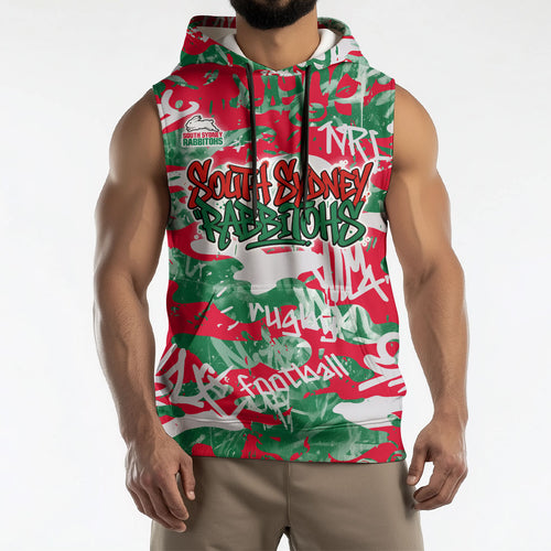 South Sydney Rabbitohs Rugby Sleeveless Hoodie Graffiti Typography Urban Camo Abstract Street Style