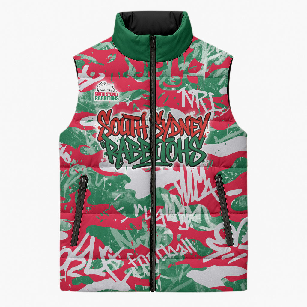 South Sydney Rabbitohs Rugby Sleeveless Puffer Jacket Graffiti Typography Urban Camo Abstract Street Style