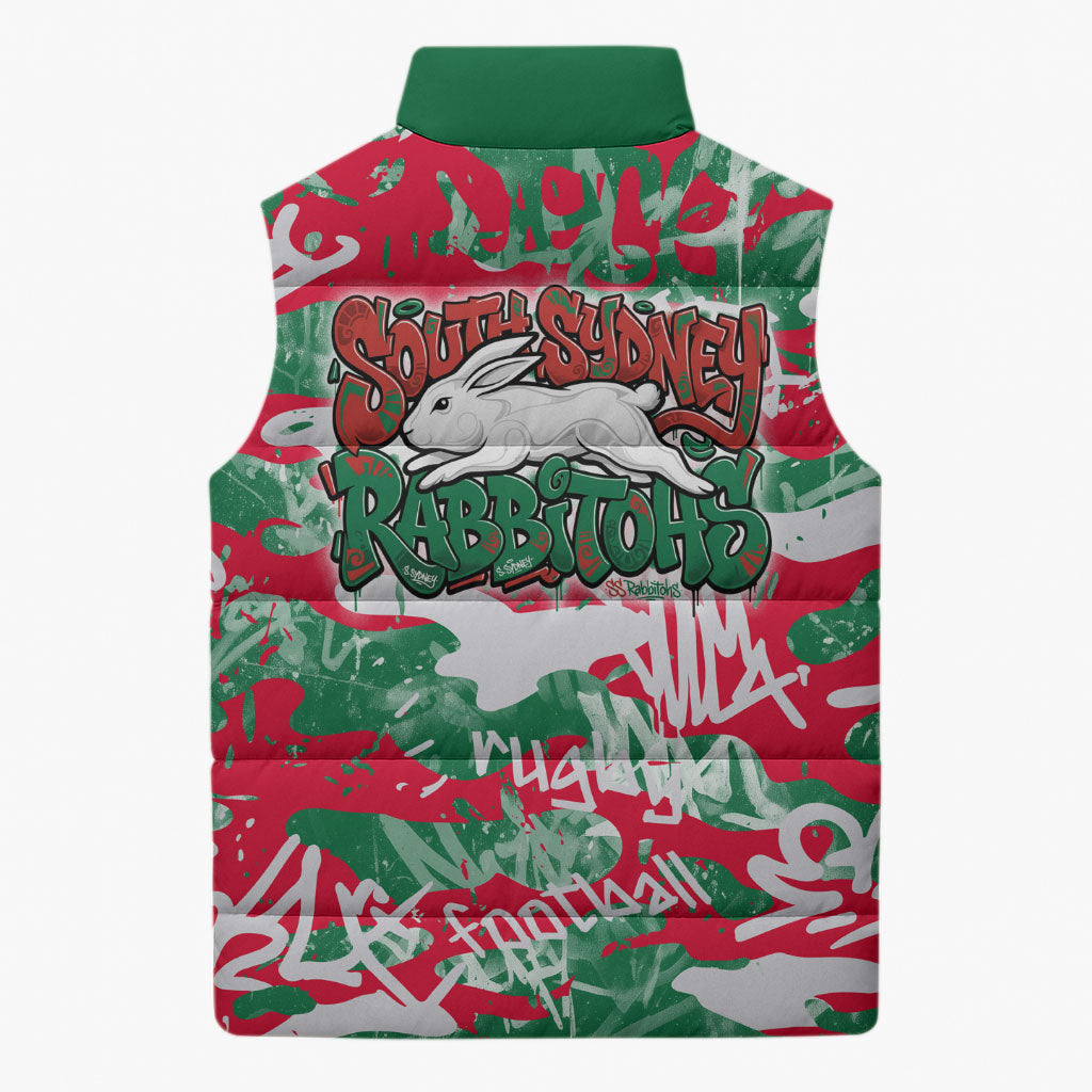 South Sydney Rabbitohs Rugby Sleeveless Puffer Jacket Graffiti Typography Urban Camo Abstract Street Style