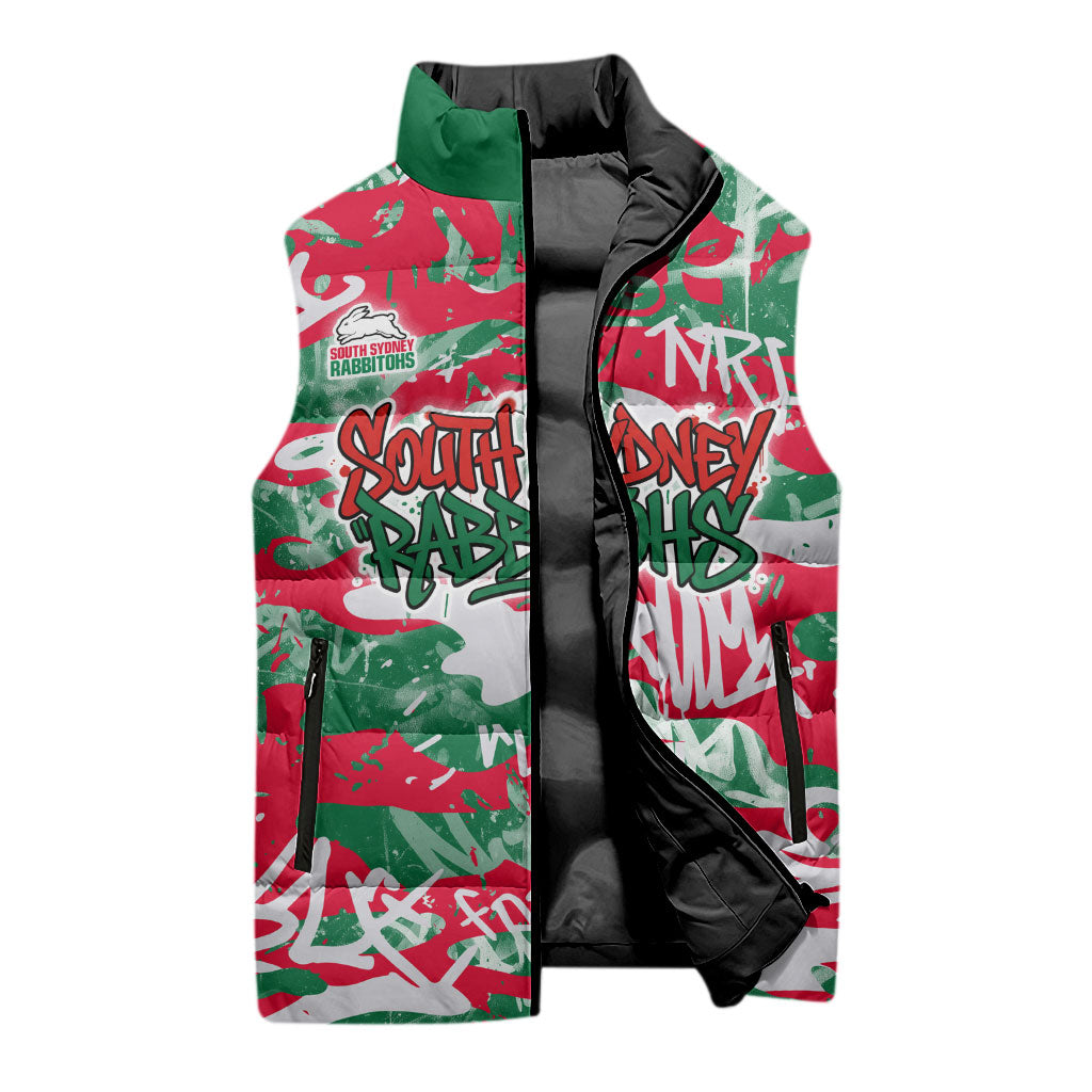 South Sydney Rabbitohs Rugby Sleeveless Puffer Jacket Graffiti Typography Urban Camo Abstract Street Style