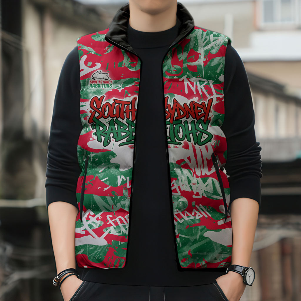 South Sydney Rabbitohs Rugby Sleeveless Puffer Jacket Graffiti Typography Urban Camo Abstract Street Style