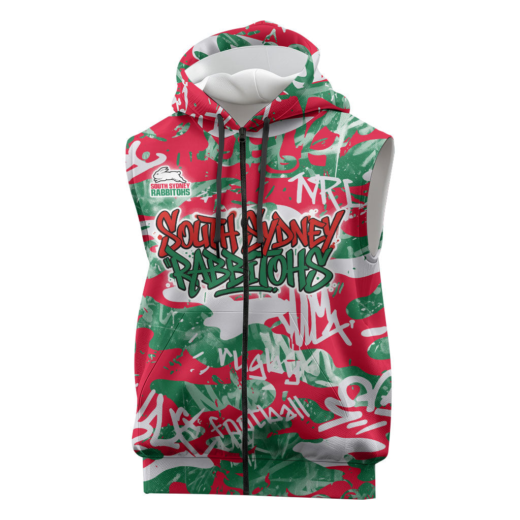 South Sydney Rabbitohs Rugby Sleeveless Zip Hoodie Graffiti Typography Urban Camo Abstract Street Style