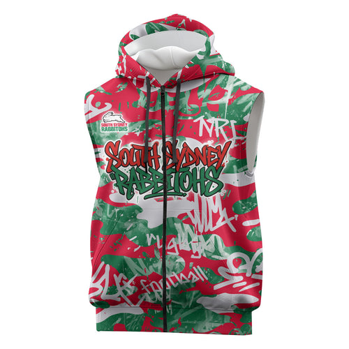 South Sydney Rabbitohs Rugby Sleeveless Zip Hoodie Graffiti Typography Urban Camo Abstract Street Style