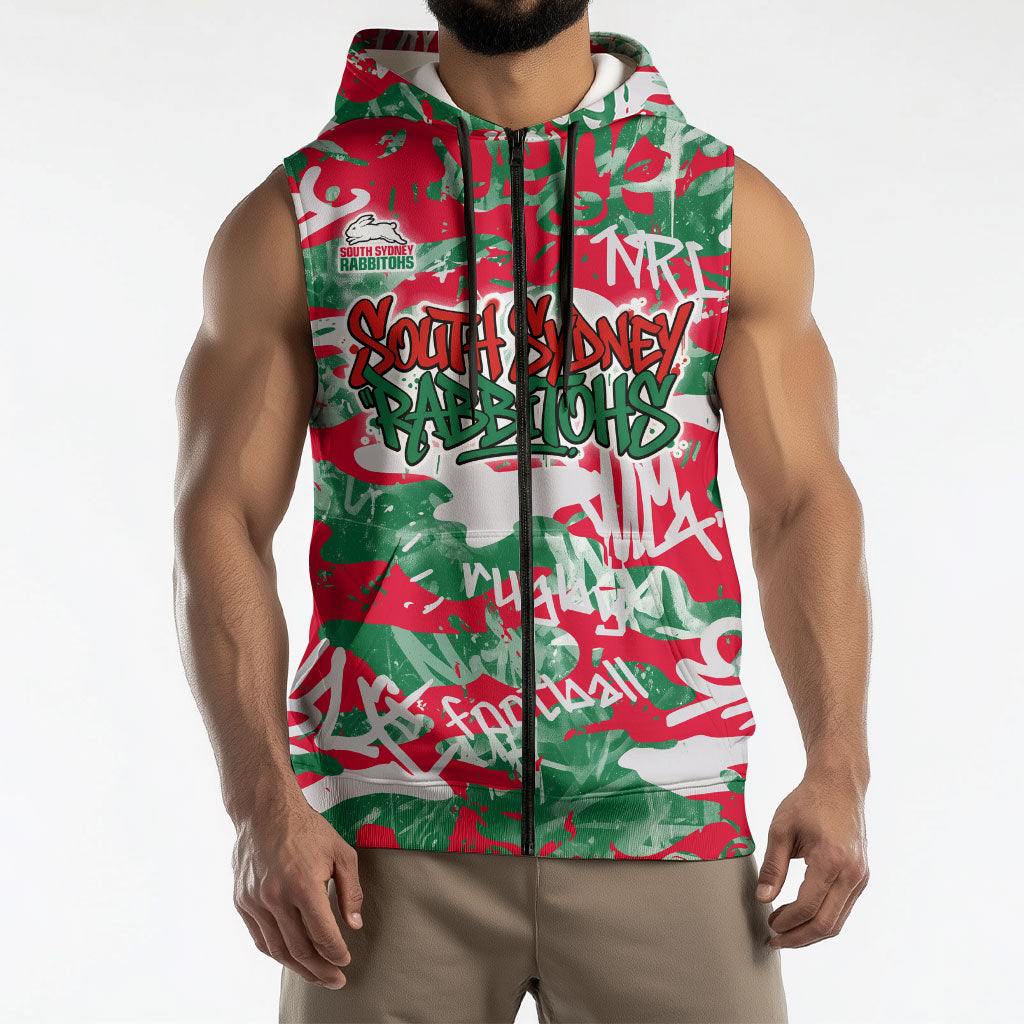 South Sydney Rabbitohs Rugby Sleeveless Zip Hoodie Graffiti Typography Urban Camo Abstract Street Style