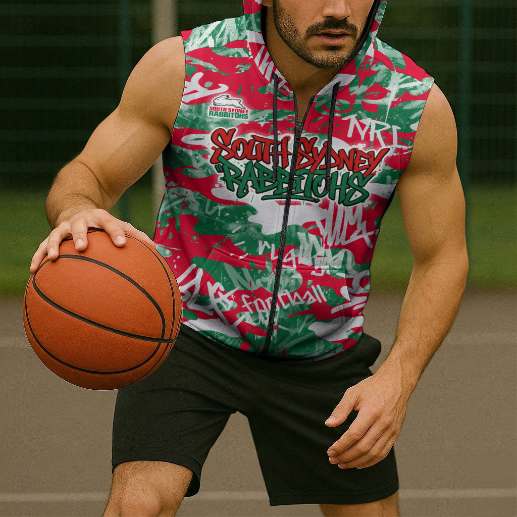 South Sydney Rabbitohs Rugby Sleeveless Zip Hoodie Graffiti Typography Urban Camo Abstract Street Style